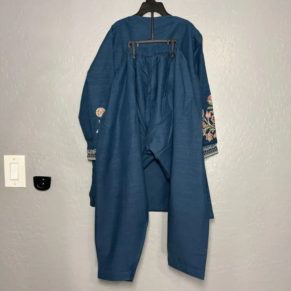 Ethnc Kids Stitched 2-Piece Embroidered Cobalt Set 9-10Y